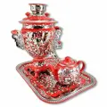 Самовар электрический красный Хохлома кудрина на серебре, 3 литра, с чайником и подносом