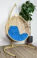 Подвесное кресло капля люкс, с ротангом бежевое, голубая подушка