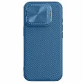 Чехол синего цвета от Nillkin на iPhone 16 Pro с металлической откидной крышкой и поддержкой магнитной беспроводной зарядки MagSafe, серия CamShield Prop Magnetic Case
