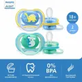 Пустышка силиконовая ортодонтическая Philips AVENT ultra air SCF349 18+, 2 шт., голубой/зеленый, 2 шт.