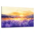 Картина на холсте интерьерная 100х60 см, лаванда, поле, закат, фиолетовые оттенки, золотистое небо, нежные мазки кисти