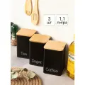 Набор 3 банок для хранения сыпучих продуктов / кофе / чая / сахара 1,1 л Tea, coffee, sugar , металл, черный с бамбук. крыш