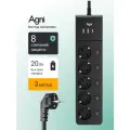 Сетевой фильтр с выключателем для каждой розетки AGNI, 5 розеток 220В, 2 USB 1 Type-C, 4000Вт / 16А, черный, кабель 3 м