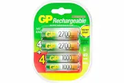 GP Перезаряжаемые аккумуляторы, емкость 2700 мАч - 4шт + 1000 мАч - 4шт. 270AA/100AAAHCFR-2CR8 15920431