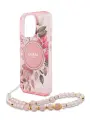 Guess для iPhone 16 Pro чехол PC/TPU Flowers Hard + Pearl Hand Strap Pink (MagSafe)