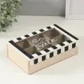 Шкатулка для чая с делениями Крыша дома с сердечками, дерево, чёрная с белым, 23x15x7 см