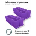 Горшки для рассады и цветов, 20 горшков по 750 мл. и 2 общих поддона, фиолетовые