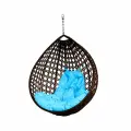 Подвесное кресло капля люкс (без стойки), с ротангом коричневое, голубая подушка