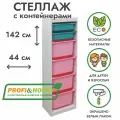 Белый стеллаж труфаст 44х30х142 с бирюзовыми (2 шт) и розовыми (4 шт) контейнерами