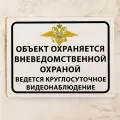 Металлическая табличка Объект охраняется вневедомственной охраной, ведется круглосуточное видеонаблюдение, металл, 20х30 см.