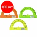 Комплект 100 шт, Транспортир 12 см, 180 градусов, пифагор, прозрачный, неоновый, ассорти, 210622