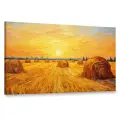 Картина на холсте интерьерная 100х60 см, картина маслом, золотистые оттенки, поля, стога сена, небо, свет и тени