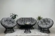 Комплект для отдыха папасан плюс черный: диван, столик, 2 кресла, 3 подушки (светло-серый полиэстер)