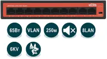 WI-PS210H, Коммутатор неуправляемый PoE 65Вт, порты 8 PoE FE + 2FE, режим 250м + VLAN, Watchdog