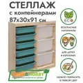 Деревянный стеллаж труфаст 87х30х91 вертикальный двойной с бирюзовыми (6 шт) и белыми (3 шт) контейнерами