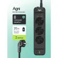 Сетевой фильтр, AGNI, 3 розетки + 2 USB и 1 TYPE-C, удлинитель 2м, защитные шторки, с предохранителем