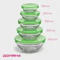 Набор салатников Доляна Классика, с крышками, 5 шт: 900 мл (17*7,6 см), 500 мл (16*6 см), 350 мл (12,5*5,4 см), 200 мл (10,5*4,5 см), 130 мл (9*3,7 см), цвет зеленый
