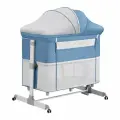 Детская кроватка для новорожденного с маятником Dearest приставная с матрасом, с москитной сеткой, манеж, голубой