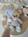 Вязаная мягкая игрушка сувенир Мишка в пижаме и колпаке, 27 см, ручная работа, коричневый, голубой, белый