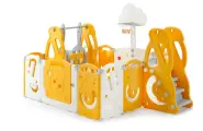 Манеж UNIX Kids SUPREME Music Yellow с качелями, желтый/белый, 160x160 см, игровой комплекс из пластика с ковриком, горкой, баскетбольным кольцом