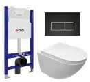 Комплект 3 в 1 инсталляция Enio Tecnico 50 EN8050050 + Подвесной безободковый унитаз CeruttiSpa Sella aria CT7183 + кнопка черная матовая, окантовка хром Rettangolo