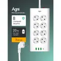 Сетевой фильтр с предохранителем, AGNI, 8 розеток / 3 USB / 1 TYPE-C, удлинитель 3 м, защитные шторки, негорючий пластик