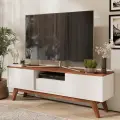 Тумба под телевизор 150*35*50 см / напольная длинная на ножках с ящиком / белая-коричневая / дэн-мастер