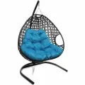 Подвесное кресло M-group для двоих люкс с ротангом чёрное, голубая подушка