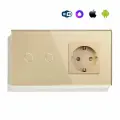 Сенсорный выключатель WiFi 2 клавиши 1 розетка 2 поста (2G+1EU) стекло 157х86мм цвет золотой