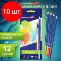 Комплект 10 шт, Карандаши художественные цветные акварельные BRAUBERG ART CLASSIC, 12 цветов, грифель 3.3 мм, 181529