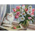 Алмазная мозаика Белоснежка Весна на окошке / Набор алмазной мозаики 30х40 см / На подрамнике / Полная выкладка / Животные / Кошка / Цветы / Ваза