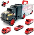 Трейлер с машинками, автовоз с набором пожарных машинок и вертолетом, кейс с ручкой, 40х12х9 см