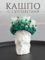 Интерьерная композиция из сухоцветов в гипсовом кашпо и стабилизированных цветов Девочка Тиффани