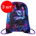 Комплект 3 шт, Мешок для обуви BRAUBERG PREMIUM, карман, подкладка, светоотражайка, 43х33 см, Neon cat, 271621