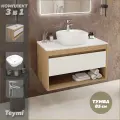 Тумба подвесная с раковиной для ванной 85 см Teymi Ritta корпус дуб фасад белый раковина Solli 40 смеситель хром F11838