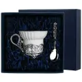 Серебряная чашка чайная Кружевные узоры с ложкой (2 предмета) в футляре