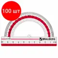 Комплект 100 шт, Транспортир 10 см, 180 градусов, пластиковый, BRAUBERG Crystal, прозрачный, с выделенной шкалой, подвес, 210292