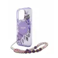 Guess для iPhone 16 Pro чехол PC/TPU Flowers Hard + Pearl Hand Strap Puple (MagSafe)