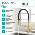 Кухонный смеситель с гибким изливом Paulmark HALT, магнитная фиксация эластичного излива, режимы струя / душ, однорычажный, латунь, на мойку / столешницу, светлое брашированное золото, Ha214021-SBG
