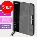 Комплект 5 шт, Блокнот А5 (148х218 мм), BRAUBERG NOTE, под кожу софт-тач, с резинкой, 80 л, клетка, серый, 113440