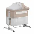 Детская кроватка для новорожденного с маятником Dearest приставная с матрасом, с москитной сеткой, манеж, бежевый