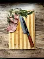 NIHONTO Японский кухонный нож Сантоку ( Santoku ). Профессиональный кованый нож с односторонней заточкой. Сталь AUS-8. Длина лезвия 18 см.