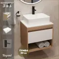 Тумба подвесная с раковиной для ванной 55 см Teymi Ritta корпус дуб фасад белый раковина Helmi S 48 смеситель черный матовый F03633