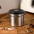 Герметичная банка для хранения сыпучих продуктов, 1,2 л, с индикатором даты, с ложкой, нержавеющая сталь, серебристая