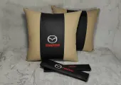 Подарочный набор: декоративная подушка в салон автомобиля из экокожи и накладки на ремень безопасности с логотипом MAZDA, комплект 3 предмета