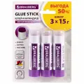 Клей-карандаш Brauberg 15г, обесцвечивающийся, набор 3шт, блистер (229473), 12 уп.