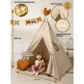 Вигвам детский с ковриком, окошком , подушкой и антискладывателем бежевый горчичный с флажками