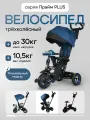 Велосипед трёхколёсный с ручкой прайм PLUS, колёса резиновые, музыкальный модуль, синий