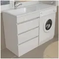 Тумба Emmy Джерси 50 Левая напольная, белая, 3 ящика, с умывальником Аванти 1100 над стиральной машиной