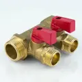 Коллектор латунь 3/4 ВР/НР на 2 вых 1/2 НР м/о 35мм с шаровыми кранами, красные ручки 9026 Aquasfera 9026-01